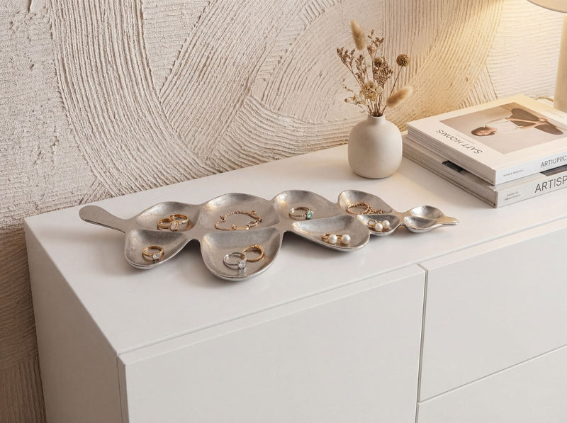 Dekoschale Blattform Silber, Handmade Aluminium-Tischdeko 60cm
