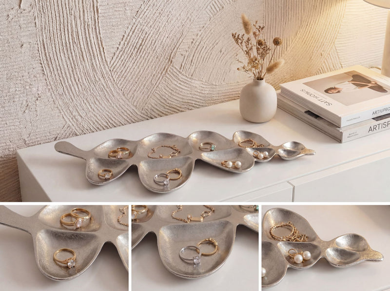 Dekoschale Blattform Silber, Handmade Aluminium-Tischdeko 60cm