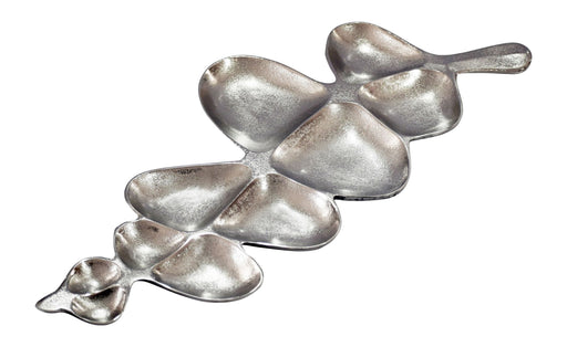Dekoschale Blattform Silber in Gesamtansicht mit sieben verschieden großen, silbernen Aluminium-Schalen in Blattform.