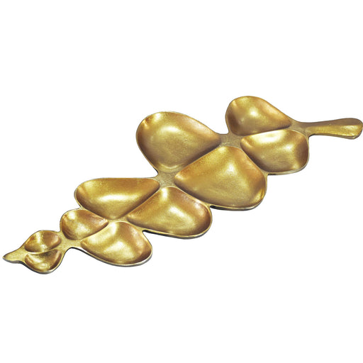 Gesamtansicht der Dekoschale Gold in Blattform aus Aluminium mit glänzender Oberfläche in verschachtelter Anordnung.