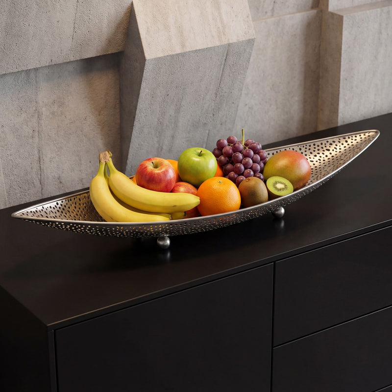 Obstschale Silber Oval 60 cm mit Lochmuster aus Metall von Wohnling