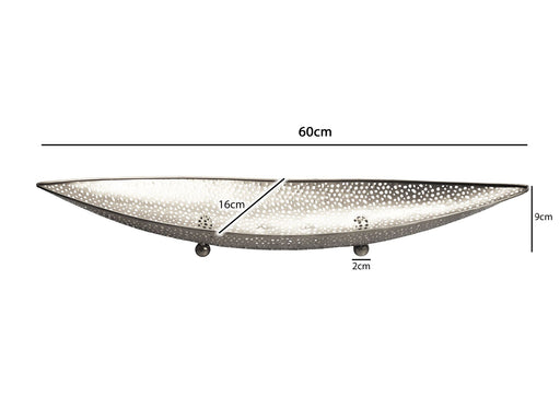 Technische Zeichnung der ovalen Obstschale Silber Oval 60 cm mit Lochmuster aus Metall, Seitenansicht mit Maßangaben.