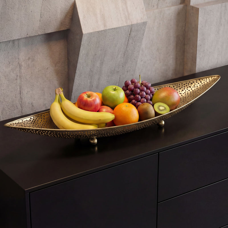 Obstschale Gold Oval 60 cm mit Lochmuster, Dekoschale aus Metall