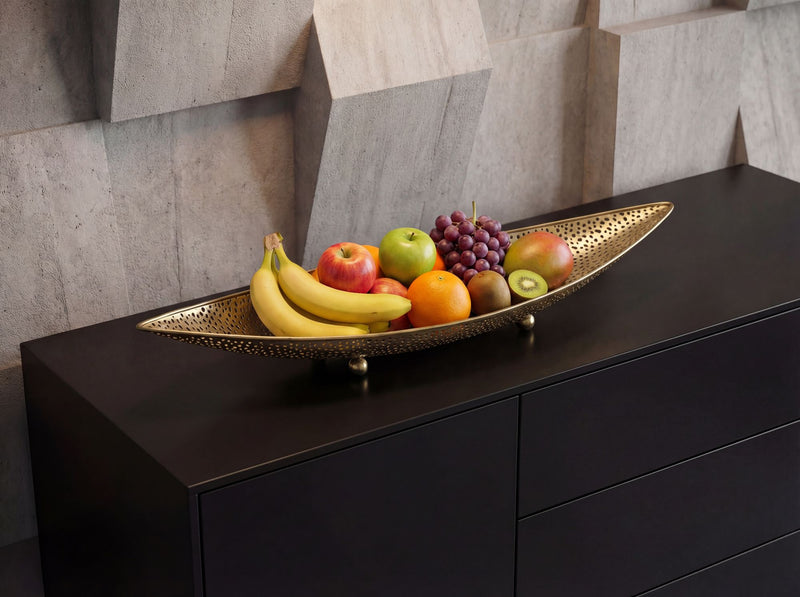 Obstschale Gold Oval 60 cm mit Lochmuster, Dekoschale aus Metall