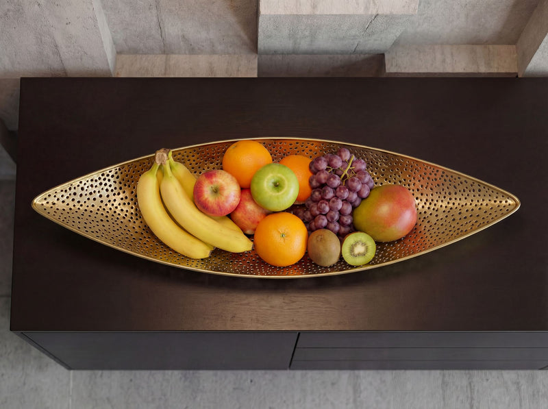 Obstschale Gold Oval 60 cm mit Lochmuster, Dekoschale aus Metall