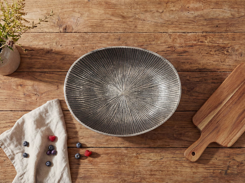 Wohnling Obstschale Silber oval, Alu-Deko mit Rillen-Design 30 cm