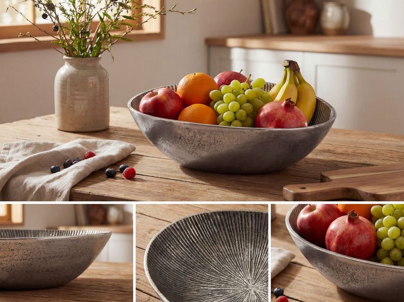 Wohnling Obstschale Silber oval, Alu-Deko mit Rillen-Design 30 cm