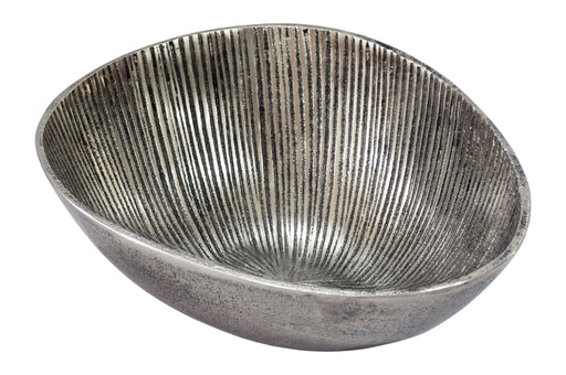 Wohnling Obstschale Silber oval in Gesamtansicht mit charakteristischem Rillen-Design in der Innenfläche.