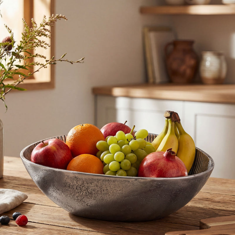 Wohnling Obstschale Silber oval, Alu-Deko mit Rillen-Design 30 cm
