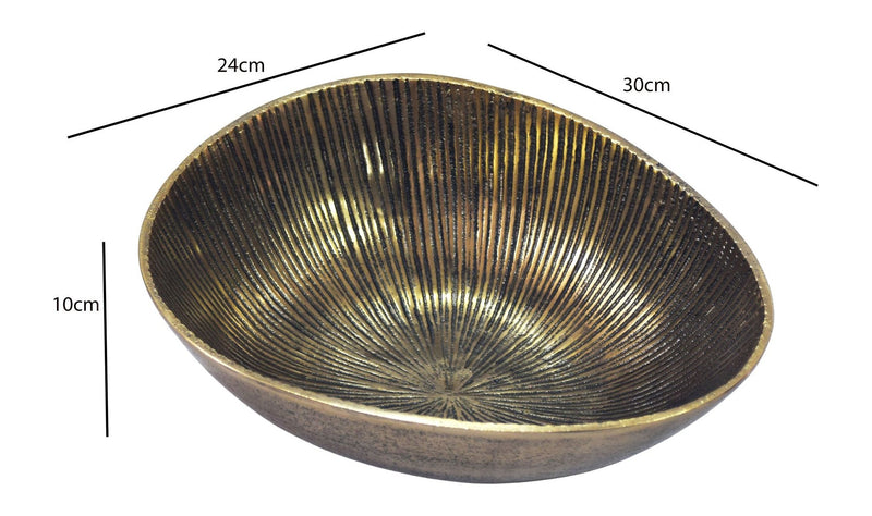 Obstschale Oval Gold aus Aluminium mit Rillen-Design, Tischdeko 30 cm