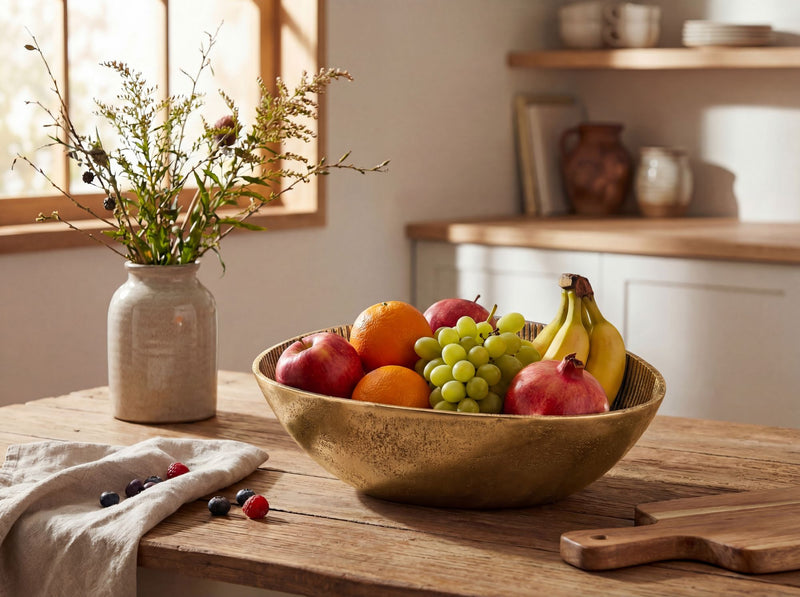 Obstschale Oval Gold aus Aluminium mit Rillen-Design, Tischdeko 30 cm