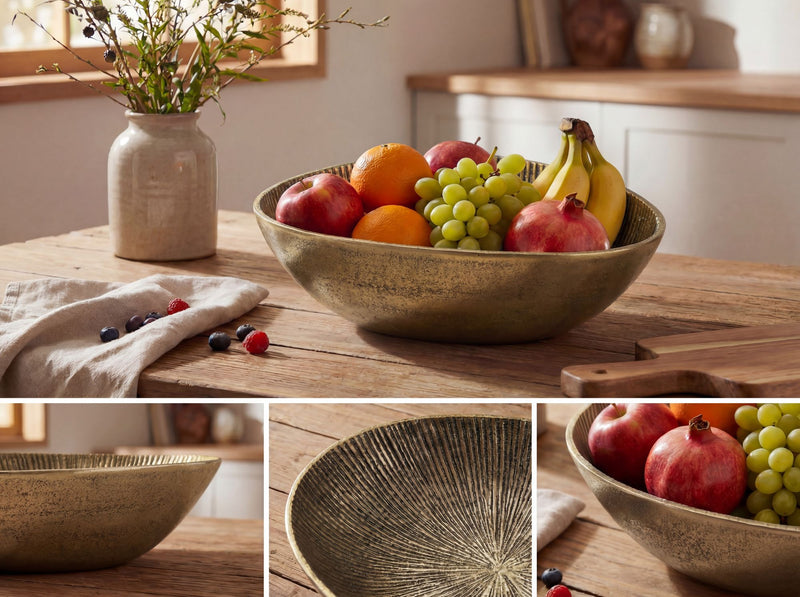 Obstschale Oval Gold aus Aluminium mit Rillen-Design, Tischdeko 30 cm