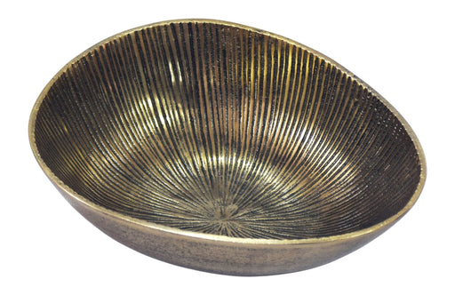 Obstschale Oval Gold aus Aluminium mit Rillen-Design, Gesamtansicht von oben mit strahlenförmigen Rillen im Inneren.