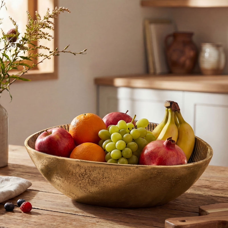 Obstschale Oval Gold aus Aluminium mit Rillen-Design, Tischdeko 30 cm