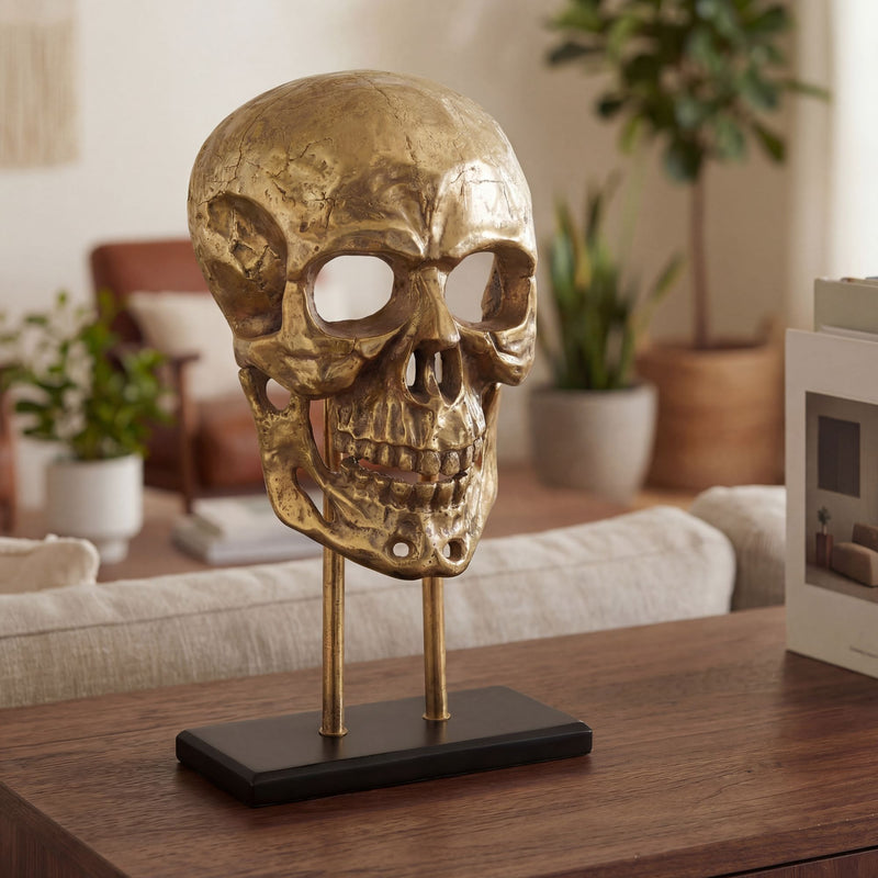 Deko-Totenkopf Skull Aluminium Gold 57 cm mit Standfuß, Handmade