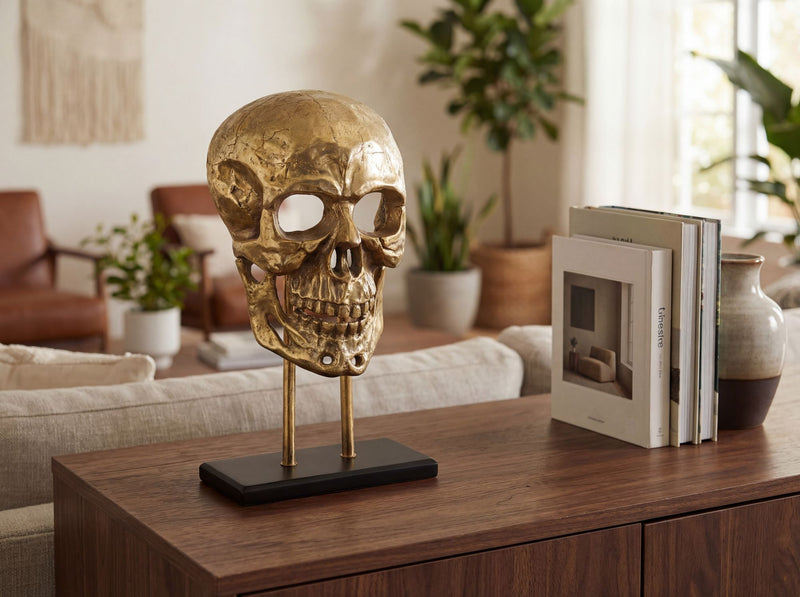 Deko-Totenkopf Skull Aluminium Gold 57 cm mit Standfuß, Handmade