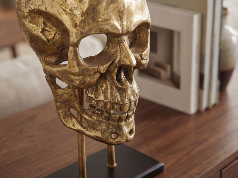 Deko-Totenkopf Skull Aluminium Gold 57 cm mit Standfuß, Handmade