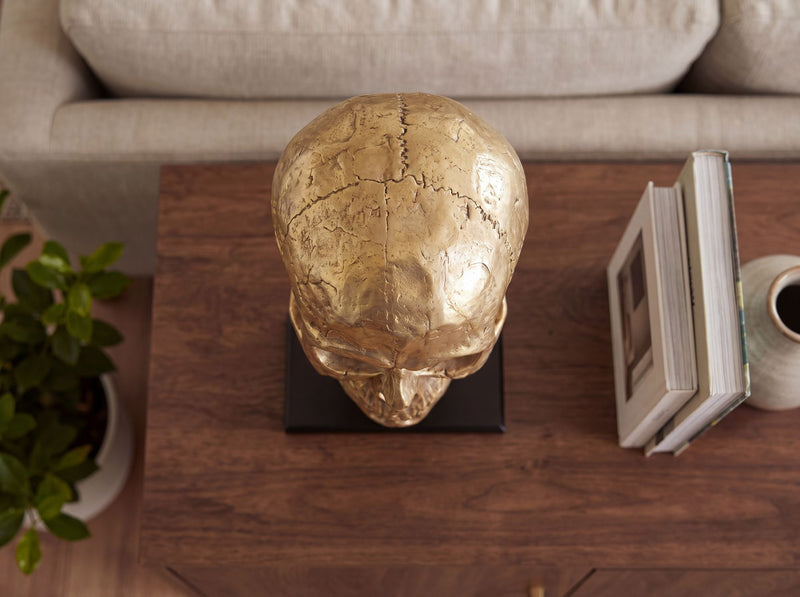 Deko-Totenkopf Skull Aluminium Gold 57 cm mit Standfuß, Handmade