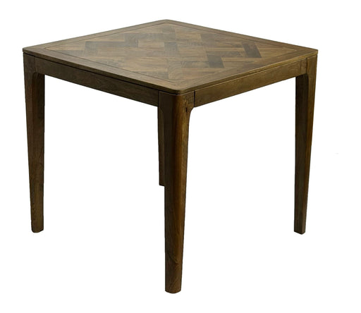 Esstisch Mango 80x80 cm in Walnuss-Finish, Gesamtansicht mit Tischplatte in Parkett-Optik und massiven Holzbeinen.