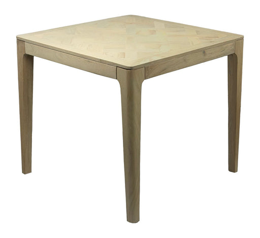 Esstisch Mango Massivholz 80x80 cm White Wash mit quadratischer Tischplatte in Fischgrätmuster in Gesamtansicht.