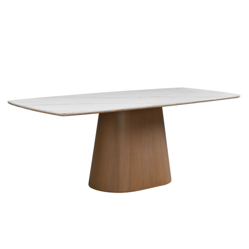 Esstisch 200 cm Sinterstein Marmor-Optik mit Walnuss-Metallgestell, Gesamtansicht von vorne.