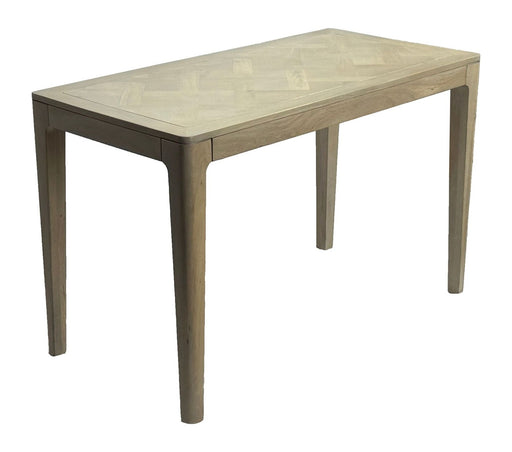 Esstisch Mango Massivholz White Wash 120x60 cm mit weiß getünchter Tischplatte und massiven Holzbeinen in Gesamtansicht.