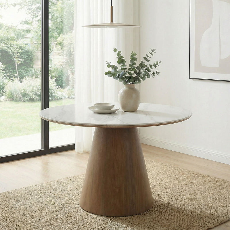 Esstisch rund 120 cm Sinterstein Marmor-Optik, Metallgestell Walnuss