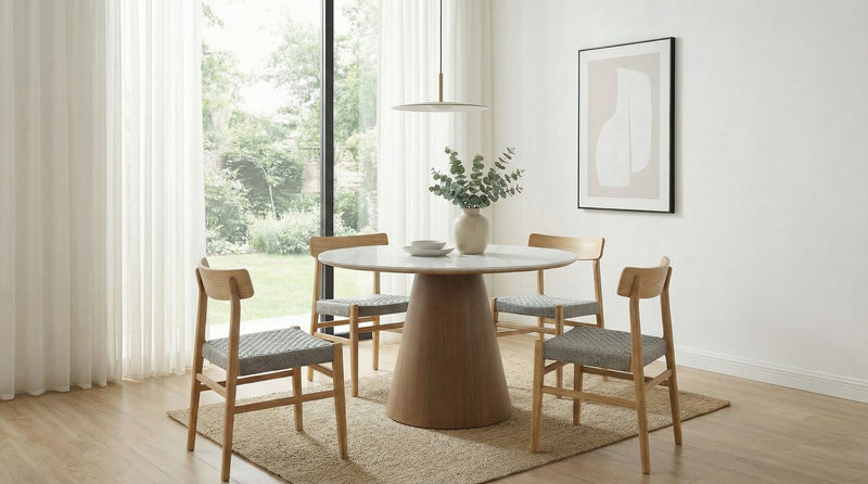 Esstisch rund 120 cm Sinterstein Marmor-Optik, Metallgestell Walnuss