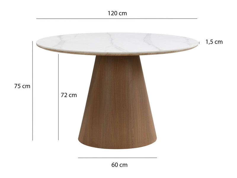 Esstisch rund 120 cm Sinterstein Marmor-Optik, Metallgestell Walnuss