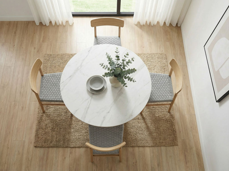 Esstisch rund 120 cm Sinterstein Marmor-Optik, Metallgestell Walnuss