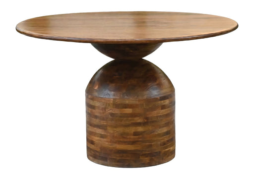 Esszimmertisch Rund 120 cm aus Mango Massivholz mit runder Tischplatte und säulenförmigem Gestell in Gesamtansicht.
