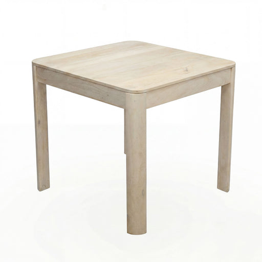 Esstisch Mango 80x80 cm White Wash in Gesamtansicht mit massiver Mangoholz-Tischplatte und vier Holzbeinen.