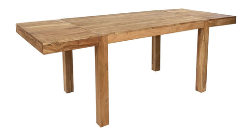 Esszimmertisch Akazie 160-240cm ausziehbar in Gesamtansicht mit ausgezogener Tischplatte und massiven Holzbeinen.