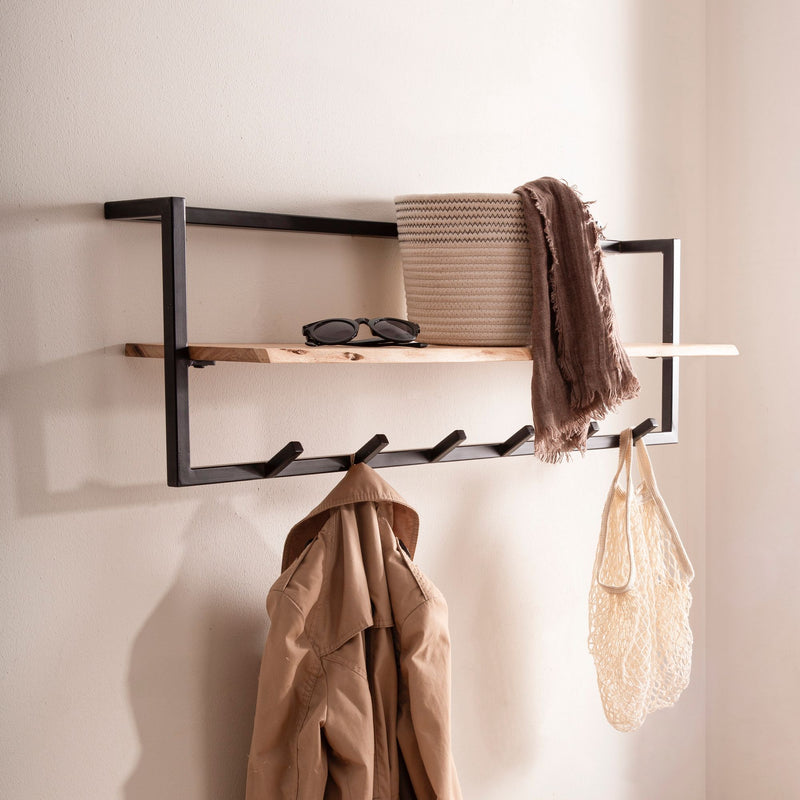 Wandgarderobe Akazie Massivholz mit Baumkante und 6 Haken in Schwarz
