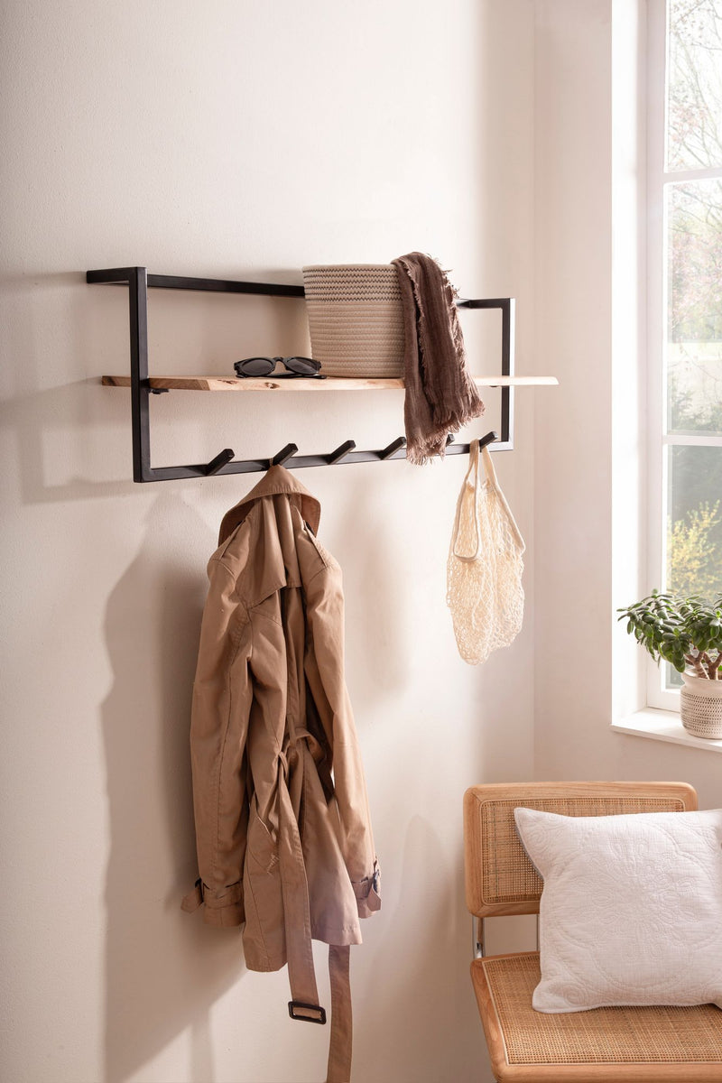 Wandgarderobe Akazie Massivholz mit Baumkante und 6 Haken in Schwarz