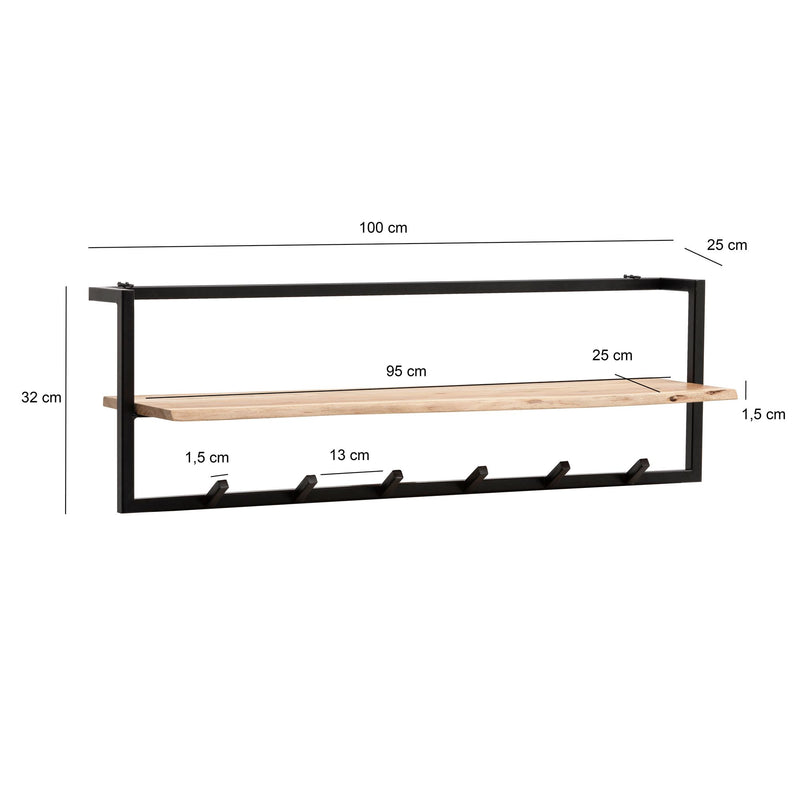 Wandgarderobe Akazie Massivholz mit Baumkante und 6 Haken in Schwarz