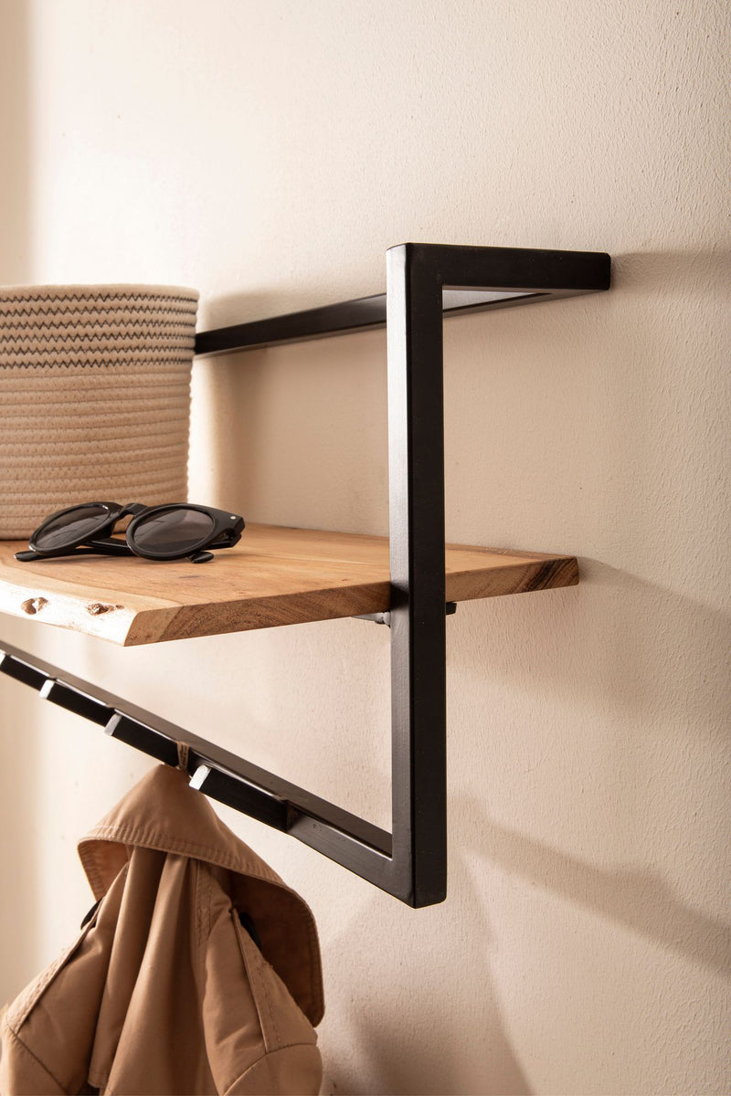 Wandgarderobe Akazie Massivholz mit Baumkante und 6 Haken in Schwarz