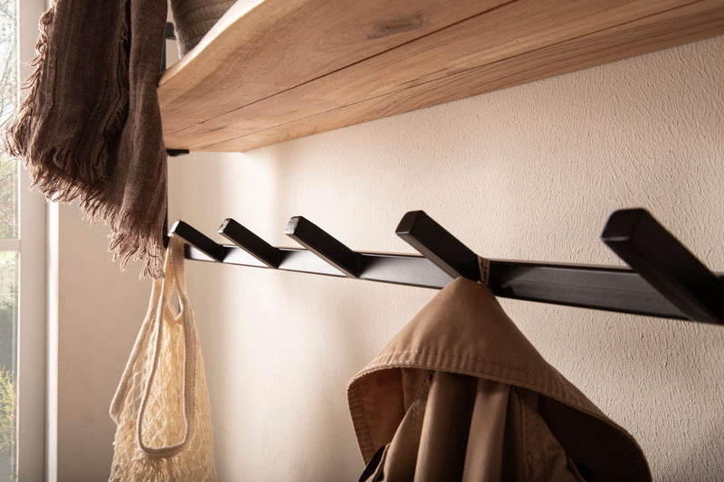 Wandgarderobe Akazie Massivholz mit Baumkante und 6 Haken in Schwarz