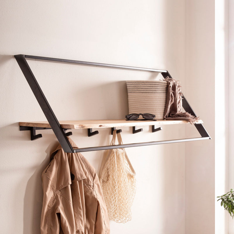 Wandgarderobe Akazie Massivholz mit Baumkante, Industrial-Look Schwarz