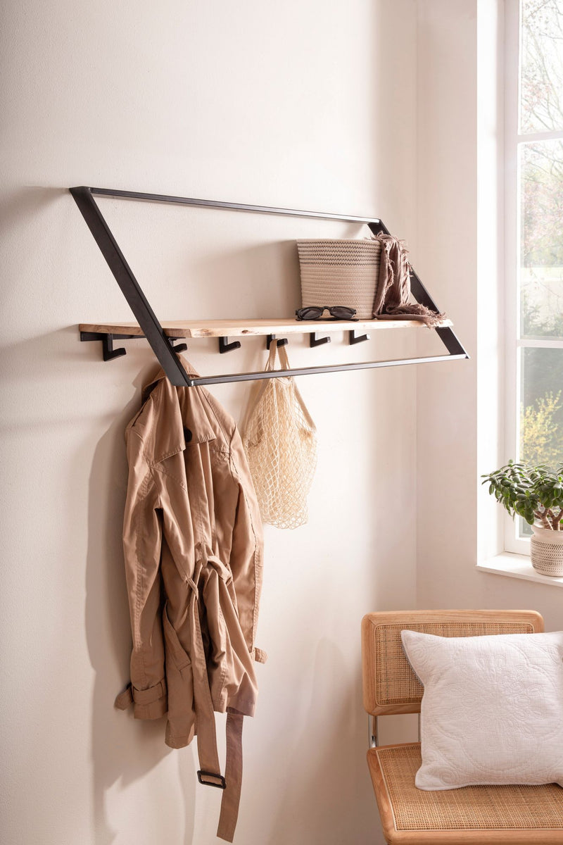 Wandgarderobe Akazie Massivholz mit Baumkante, Industrial-Look Schwarz