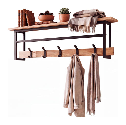 Wandgarderobe Akazie 100 cm mit Holzablage, Metallrahmen und Kleiderstange in Gesamtansicht.