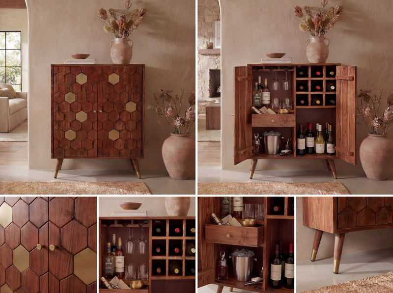 Hausbar Akazie Massivholz mit Wabenmuster – Wohnling Barschrank
