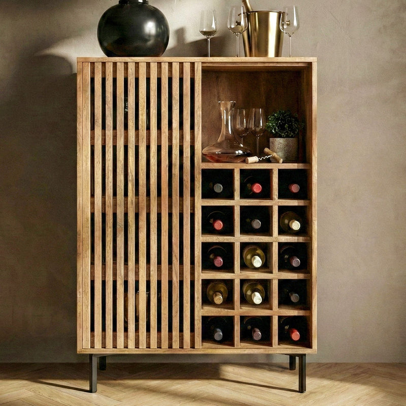 Hausbar Mango Massivholz mit Gitter-Schiebetür & Weinregal, Handmade