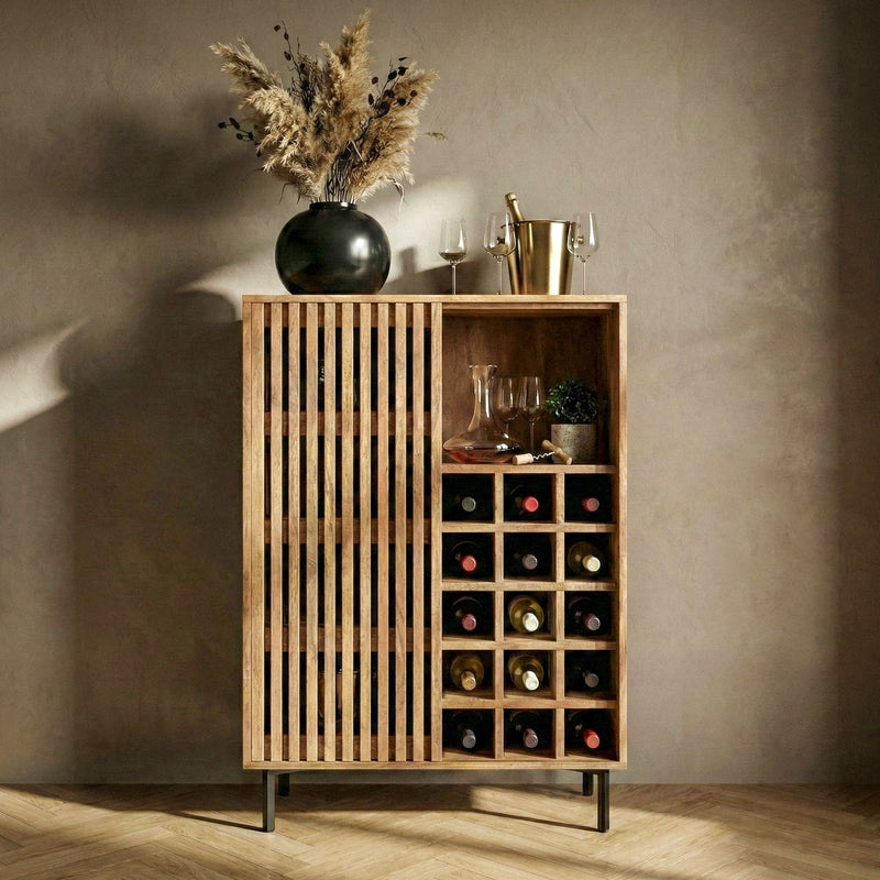 Hausbar Mango Massivholz mit Gitter-Schiebetür & Weinregal, Handmade