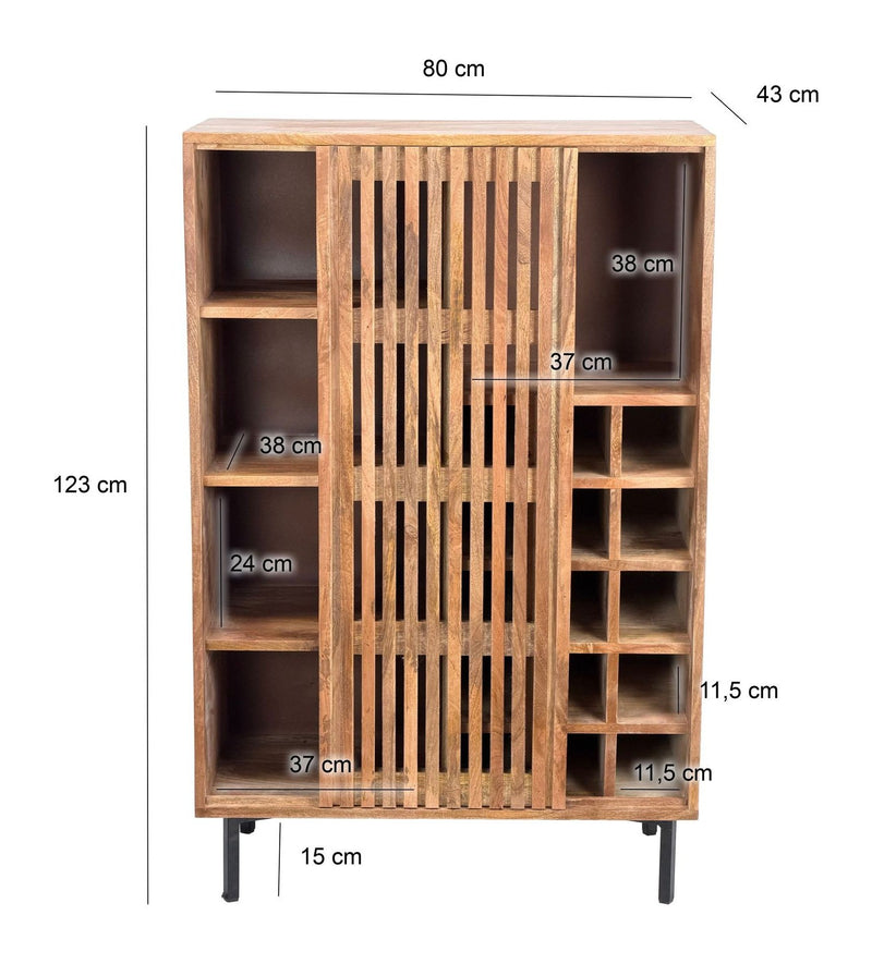 Hausbar Mango Massivholz mit Gitter-Schiebetür & Weinregal, Handmade