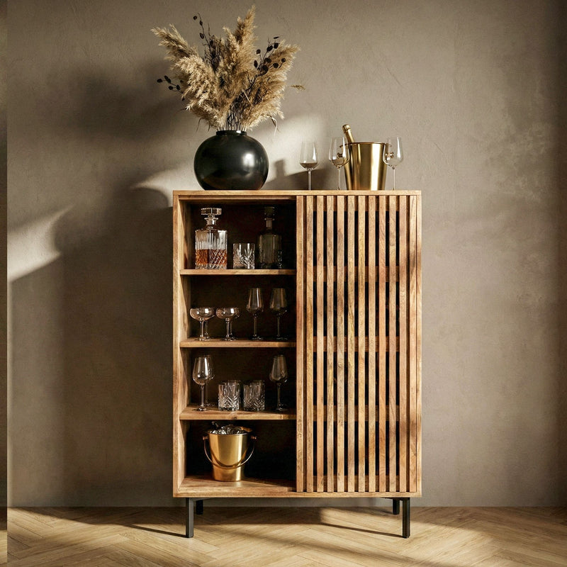Hausbar Mango Massivholz mit Gitter-Schiebetür & Weinregal, Handmade