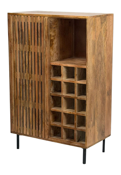 Hausbar Mango Massivholz mit Gitter-Schiebetür und Weinregal in Gesamtansicht von vorne.