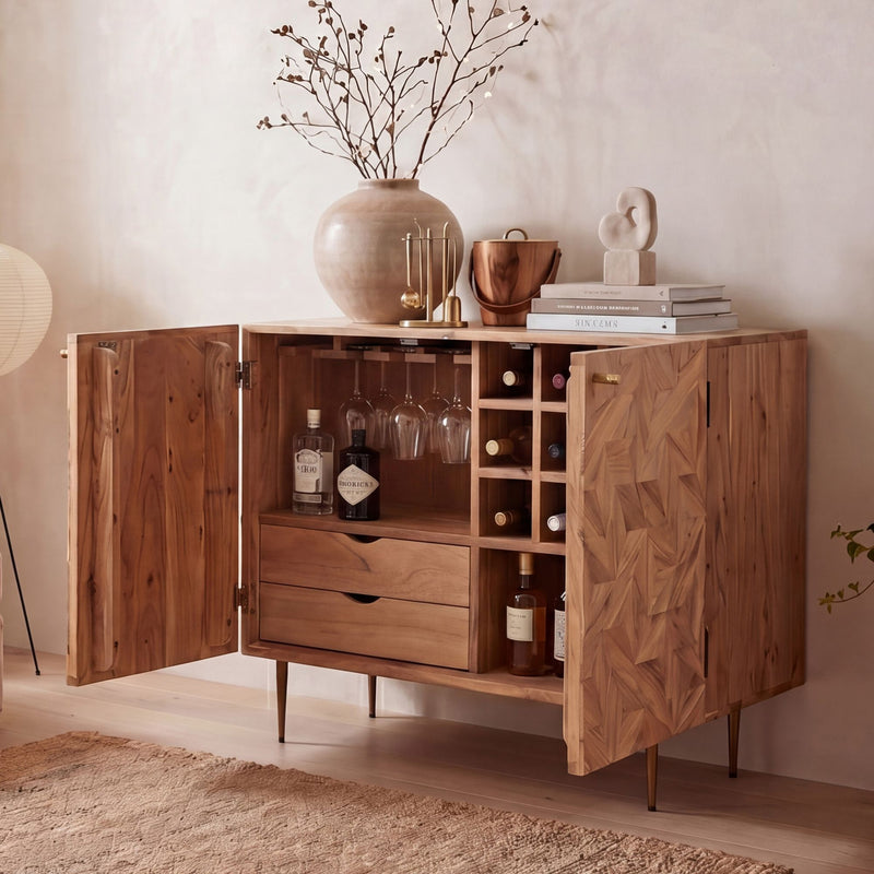 Hausbar Akazie Massivholz mit Weinregal von Wohnling, 90 cm