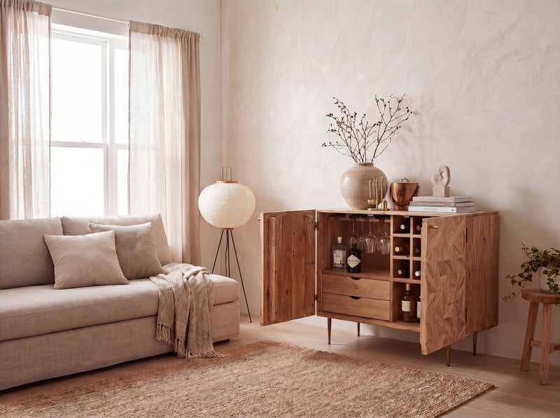 Hausbar Akazie Massivholz mit Weinregal von Wohnling, 90 cm