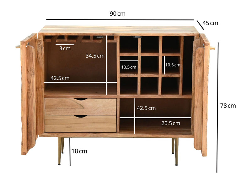 Hausbar Akazie Massivholz mit Weinregal von Wohnling, 90 cm
